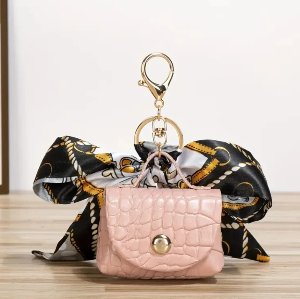 Pink Croc Mini Purse Bag Charm Keychain Scarf Bow AirPods Coin Pouch Keyring New